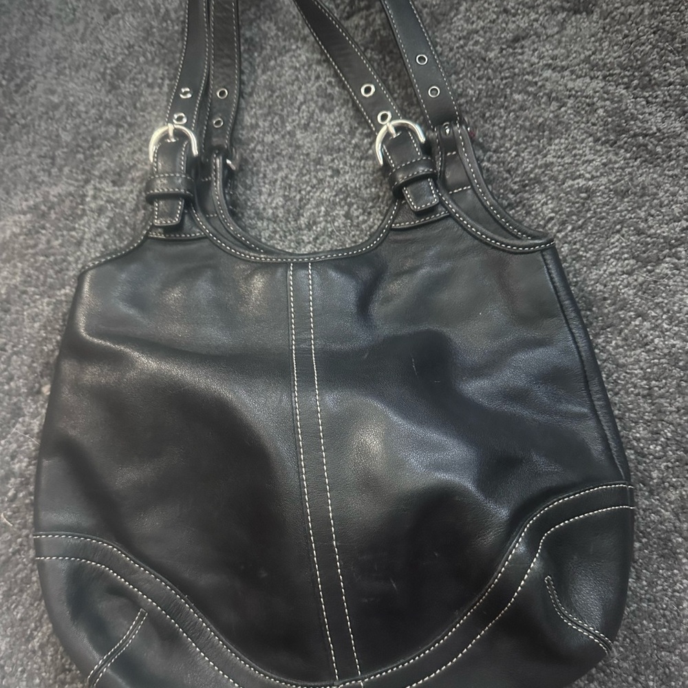 Elegant Black Leather Coach Tote Bag